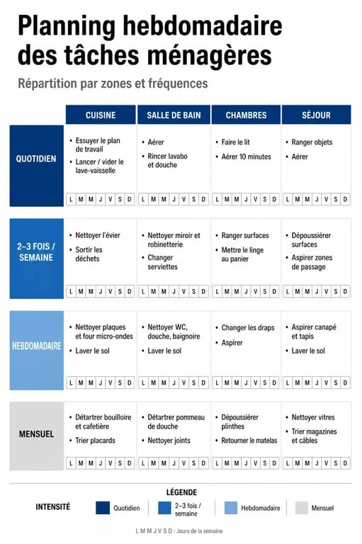 Exemple de planning ménage hebdomadaire par zone pour une organisation efficace de la maison