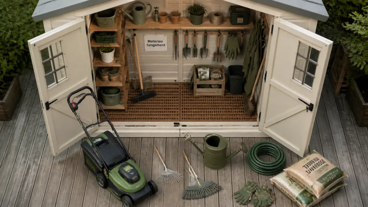 Cabane à outil de jardin en résine sur terrasse, vue au-dessus