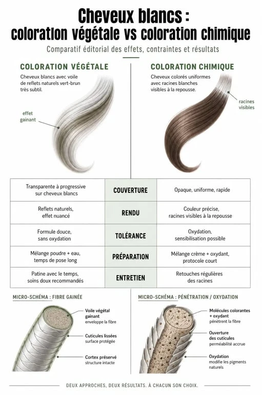 Coloration végétale cheveux blancs : infographie comparative entre coloration végétale et coloration chimique