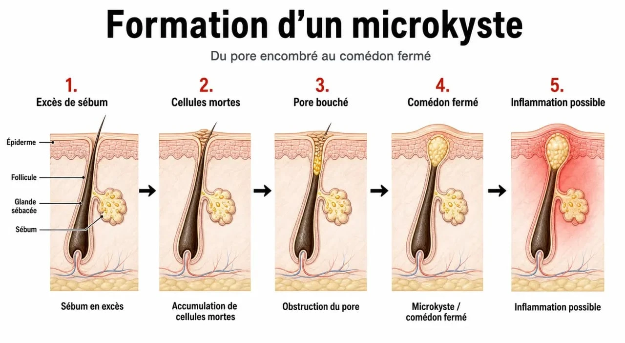 Microkyste visage photo schématisant la formation sous la peau par pore bouché et sébum piégé