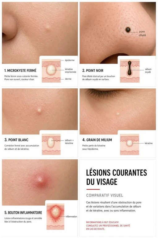 Microkyste visage photo comparatif avec point noir, point blanc, grain de milium et bouton inflammatoire