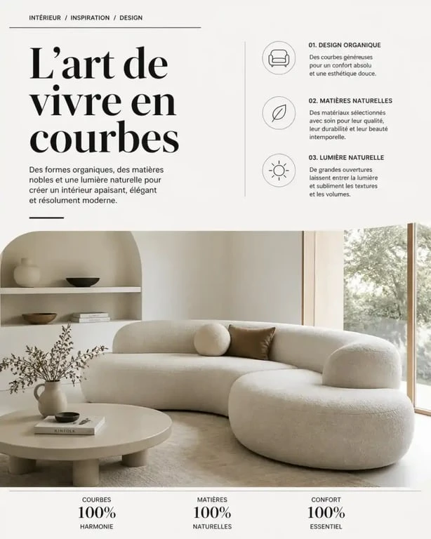 Salon avec meuble tendance 2025 aux formes organiques