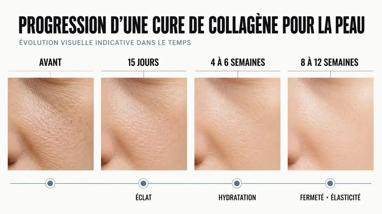 Collagène peau avant après : progression visuelle de 15 jours à 8 à 12 semaines