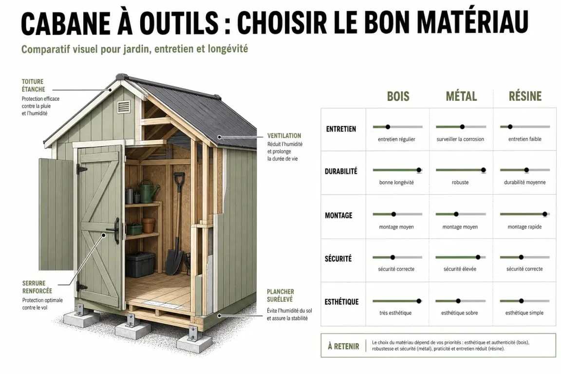 Cabane à outil de jardin : comparatif des matériaux bois, métal et résine