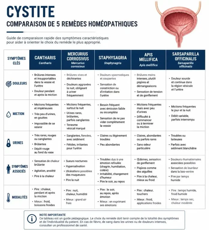 Infographie des remèdes homéopathiques pour la cystite et leurs symptômes associés