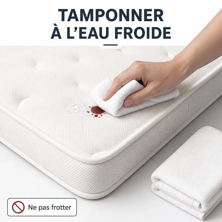 Comment enlever sang sur matelas : démonstration du tamponnage à l’eau froide sur un matelas avec chiffon et serviette sèche
