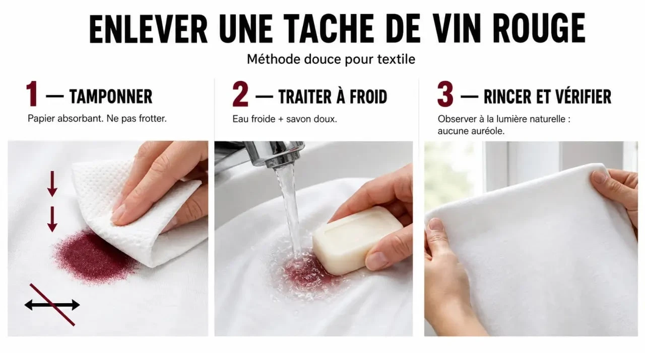 Comment enlever des taches de vin rouge : étapes pour tamponner, traiter à l’eau froide et rincer un textile