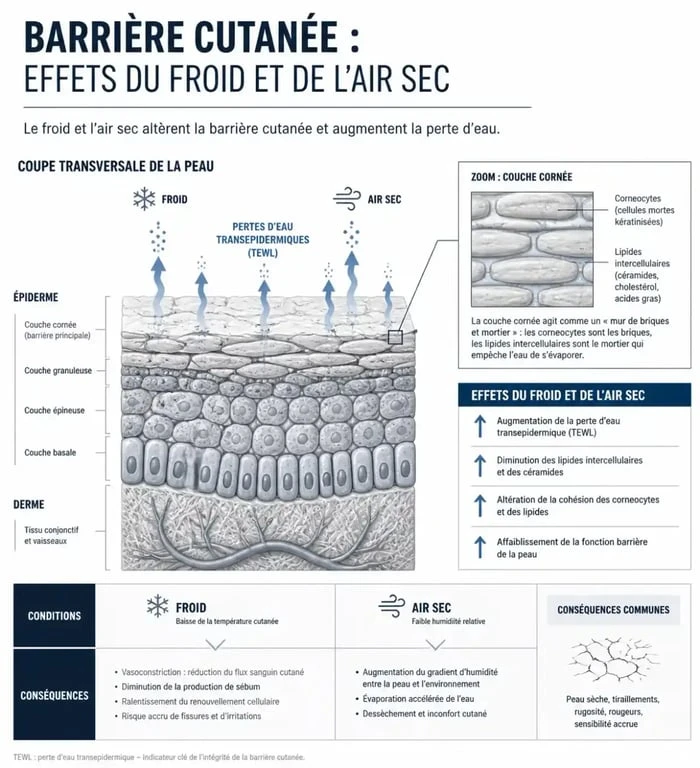 Schéma explicatif de la barrière cutanée et des effets de l'hiver pour hydrater sa peau en hiver