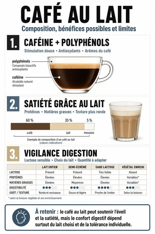 Infographie café au lait bienfait sur les apports, la digestion et le choix du lait