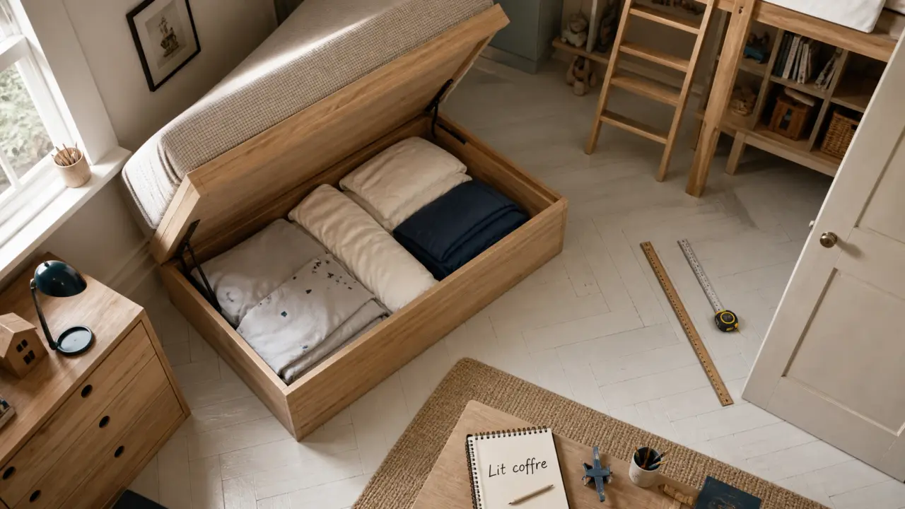 Lit pour petit chambre : lit coffre en bois clair en petite chambre