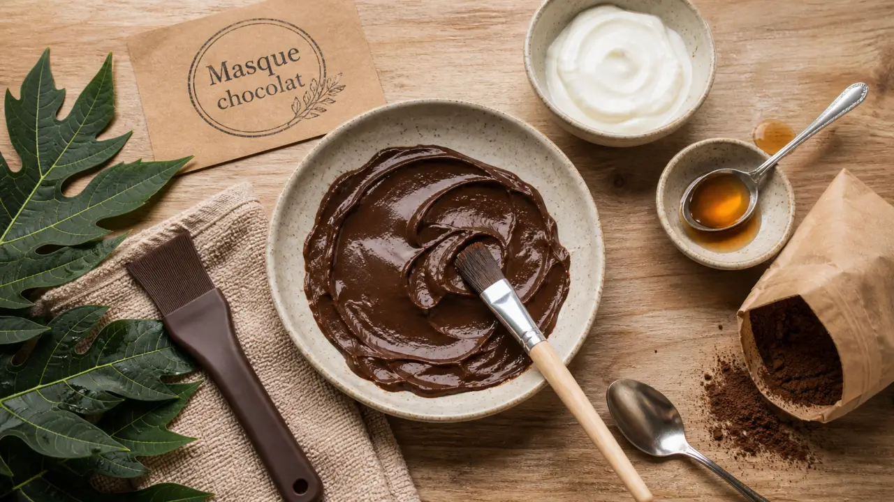 Masque chocolat visage au cacao, crème brune, pose 15 min