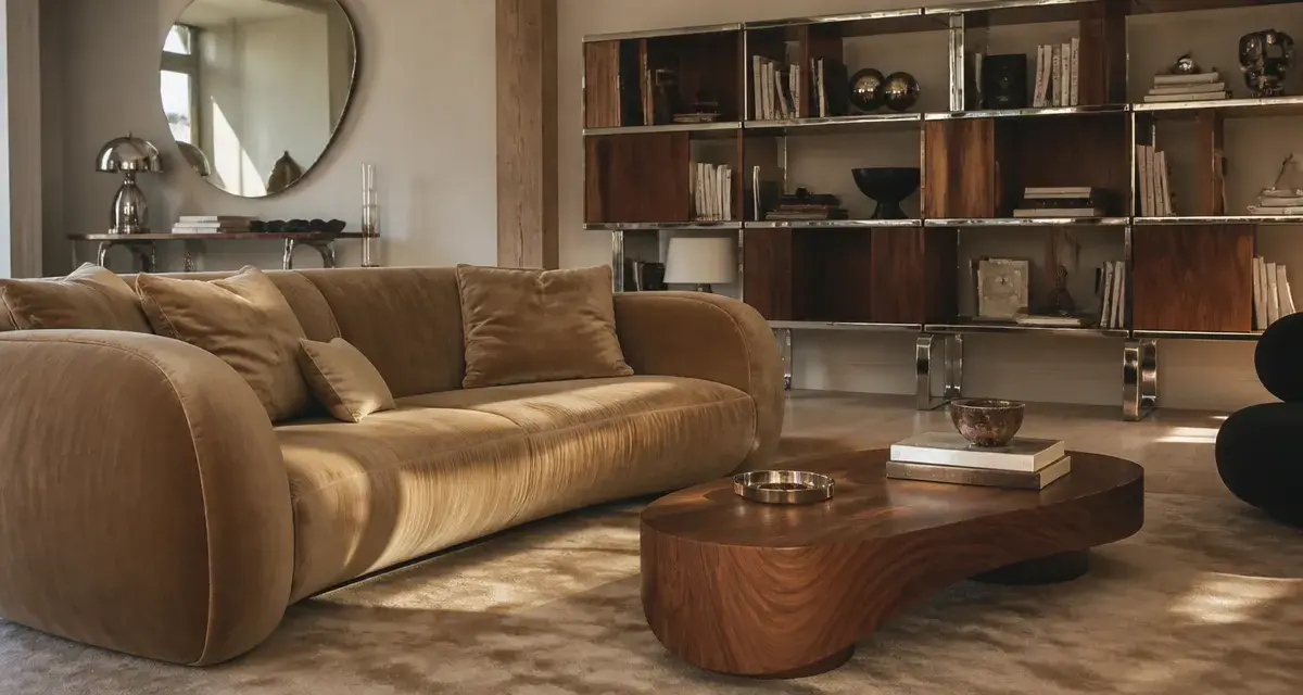 Meuble tendance 2025 : salon velours beige et table noyer